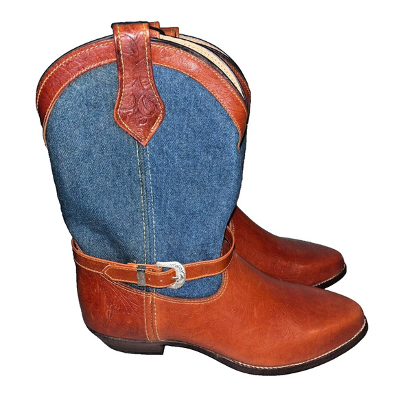 Frye Cowboy Boots Denim Brown Leather Silver Buckles Vintage Sz 8 RARE Deadstock - Picture 6 of 13